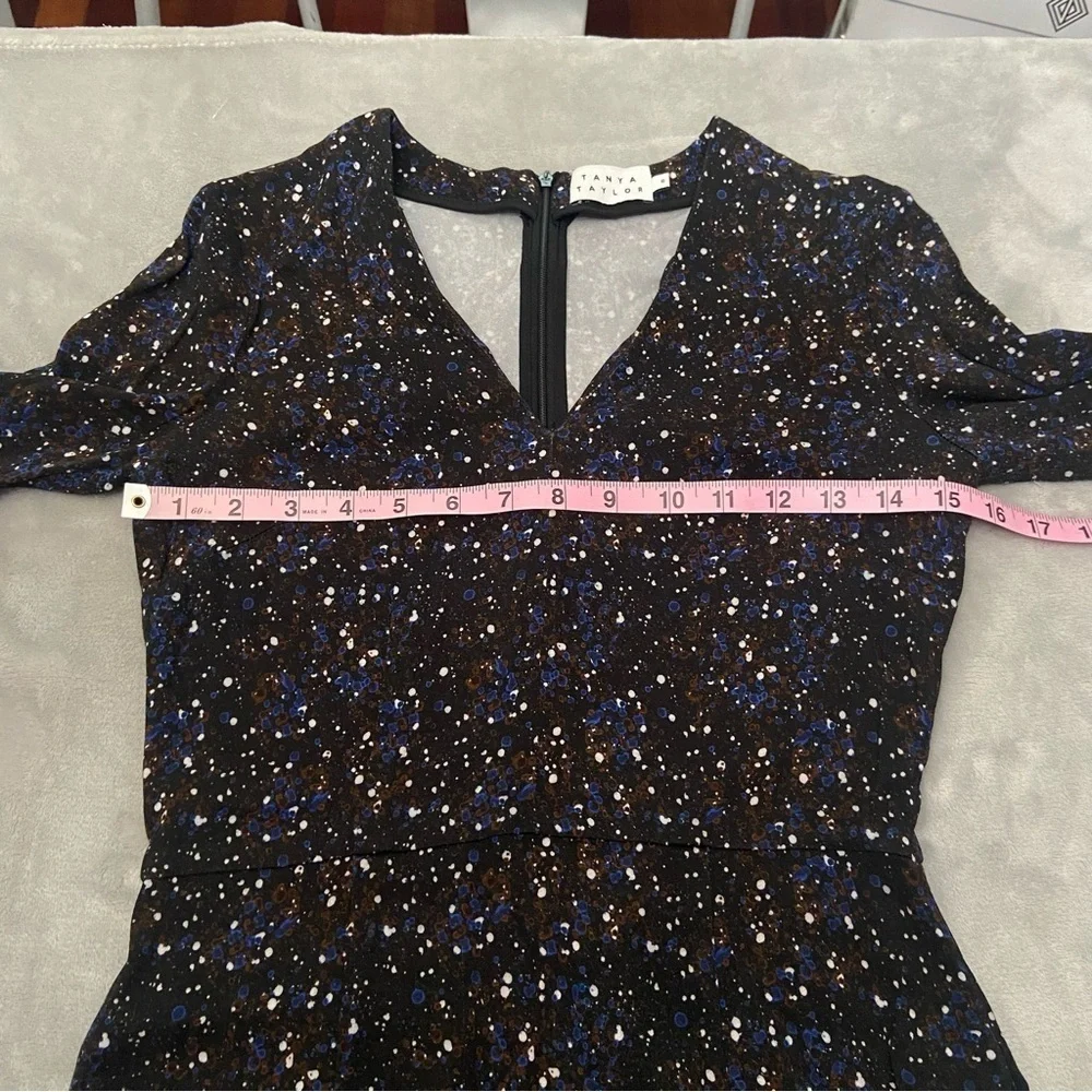 Tanya Taylor Printed Sheath Dress Black Blue dotted splatter print 21832